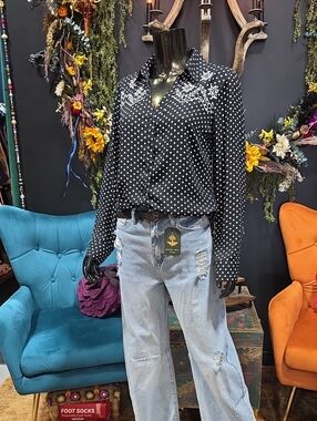 Express Black and White Polka Dot Button-Down Shirt